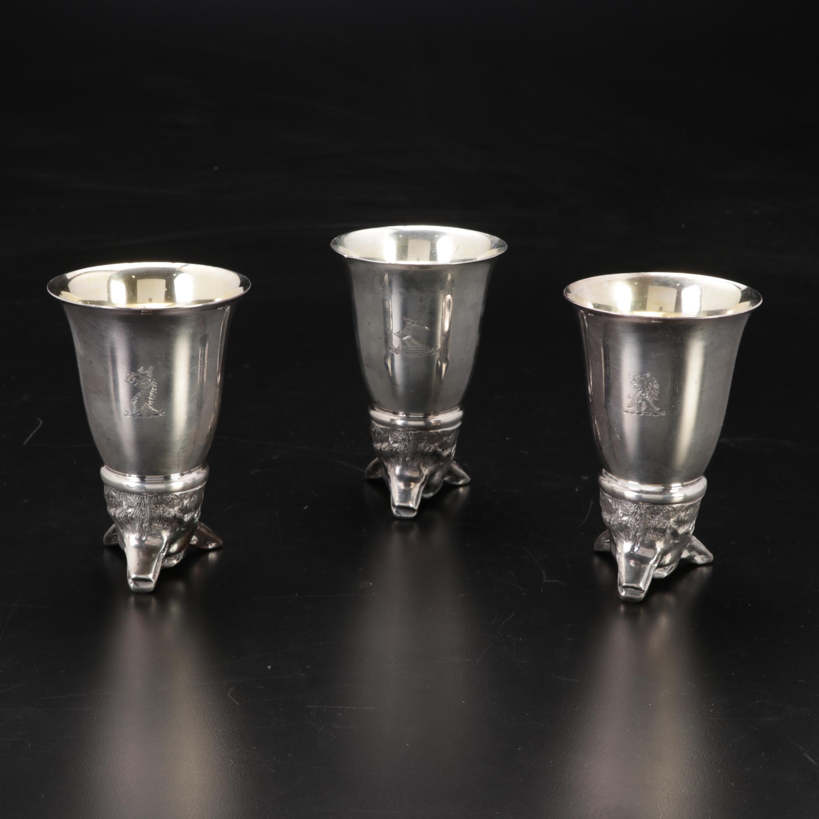 Christofle Silverplate Lidded Container, Wolf Head Stirrup Cups and Peppermill