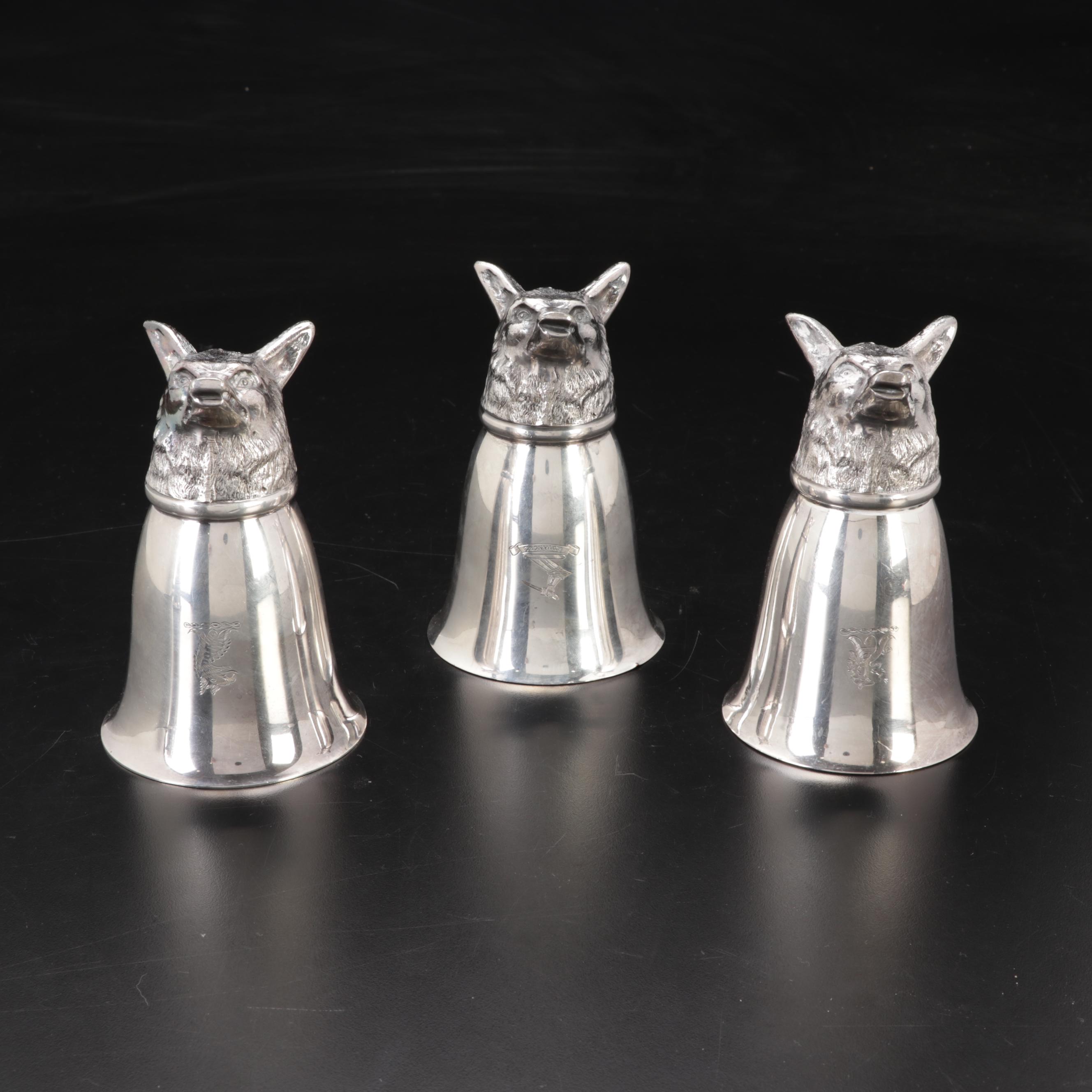 Christofle Silverplate Lidded Container, Wolf Head Stirrup Cups and Peppermill