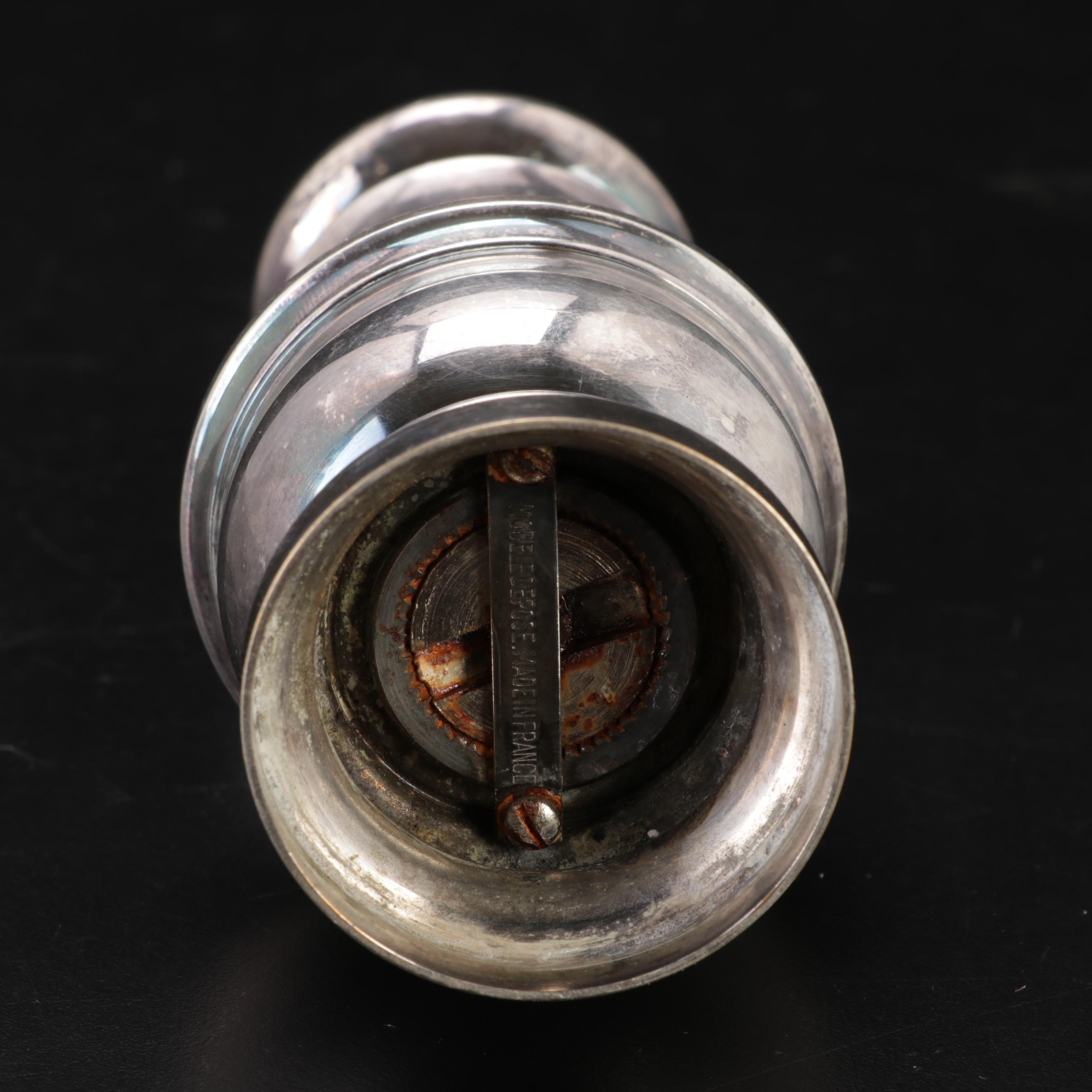 Christofle Silverplate Lidded Container, Wolf Head Stirrup Cups and Peppermill