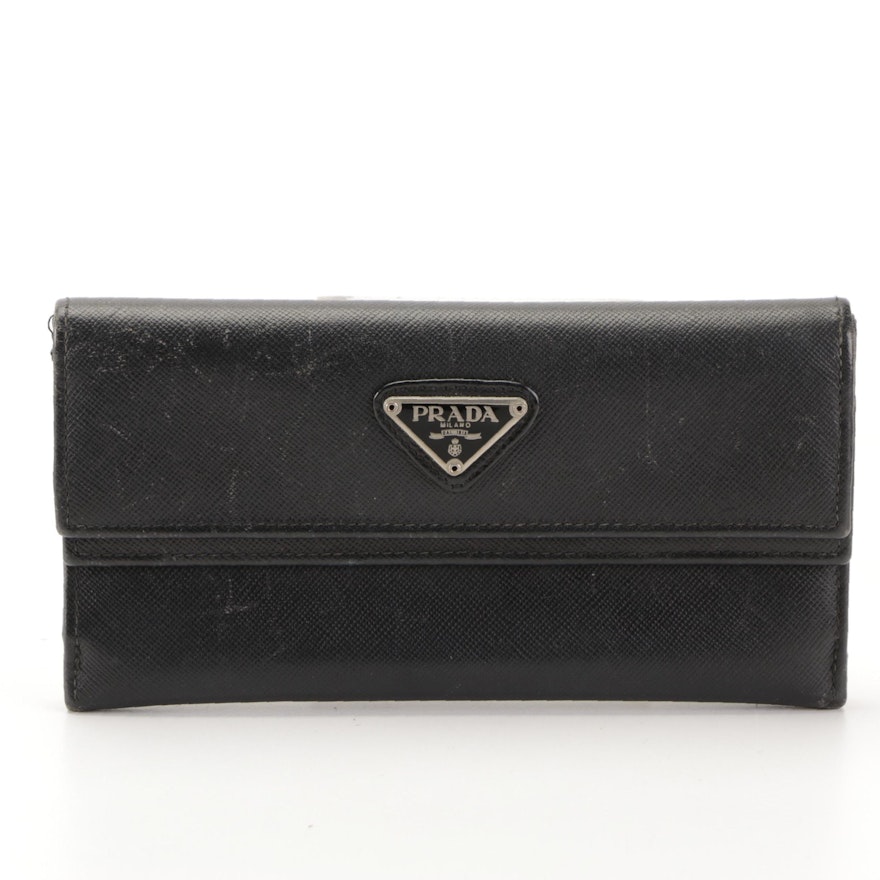 Prada Double Flap Long Wallet in Black Saffiano Leather