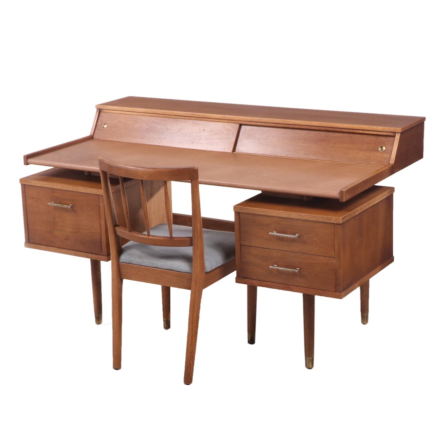 Drexel After Edward Wormly, Mid-Century Modern Walnut Desk and Chair