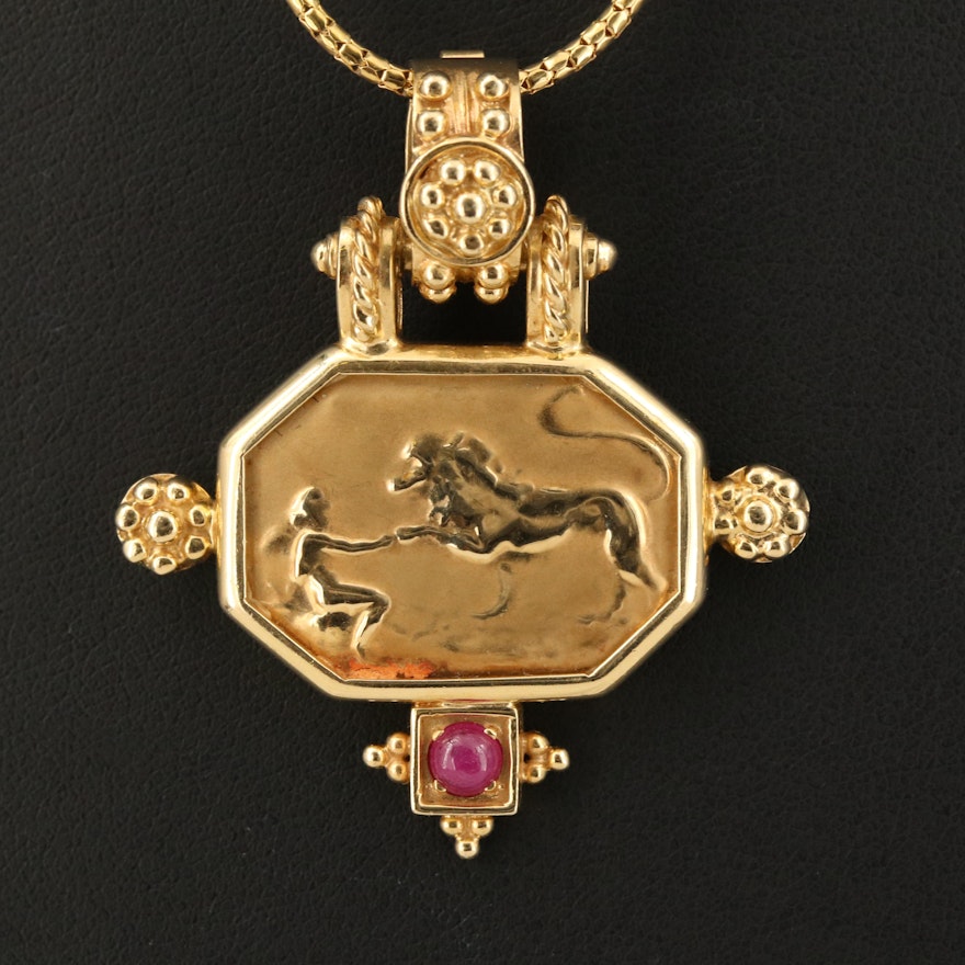 Italian 14K Ruby Lion and Figural Necklace