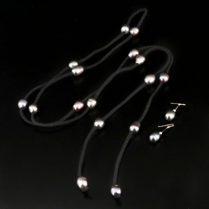 14K Pearl and Spinel Drop Earrings with Pearl Station Lariat