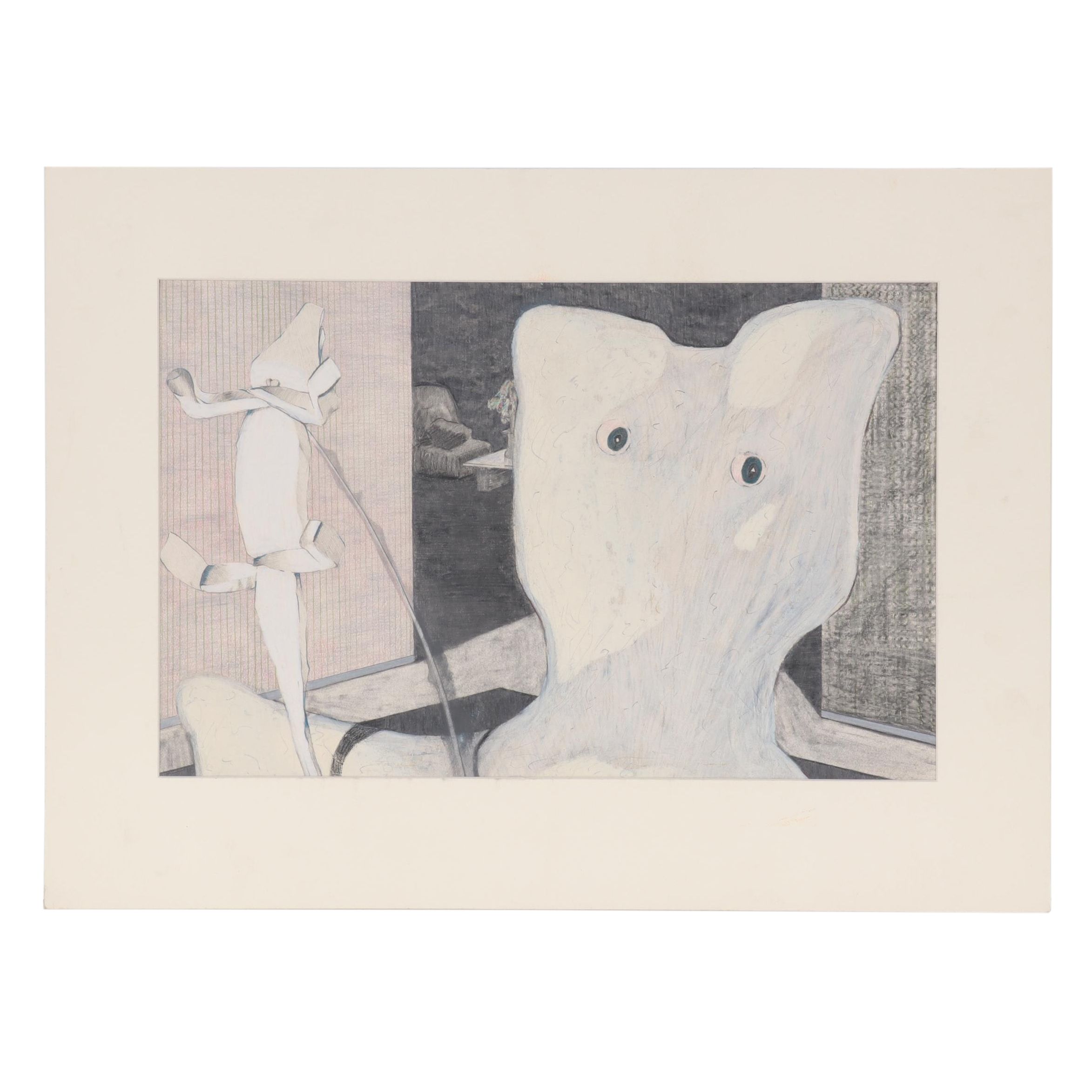 Mark Mignerey Drawing "Cat and Lizard," 1984