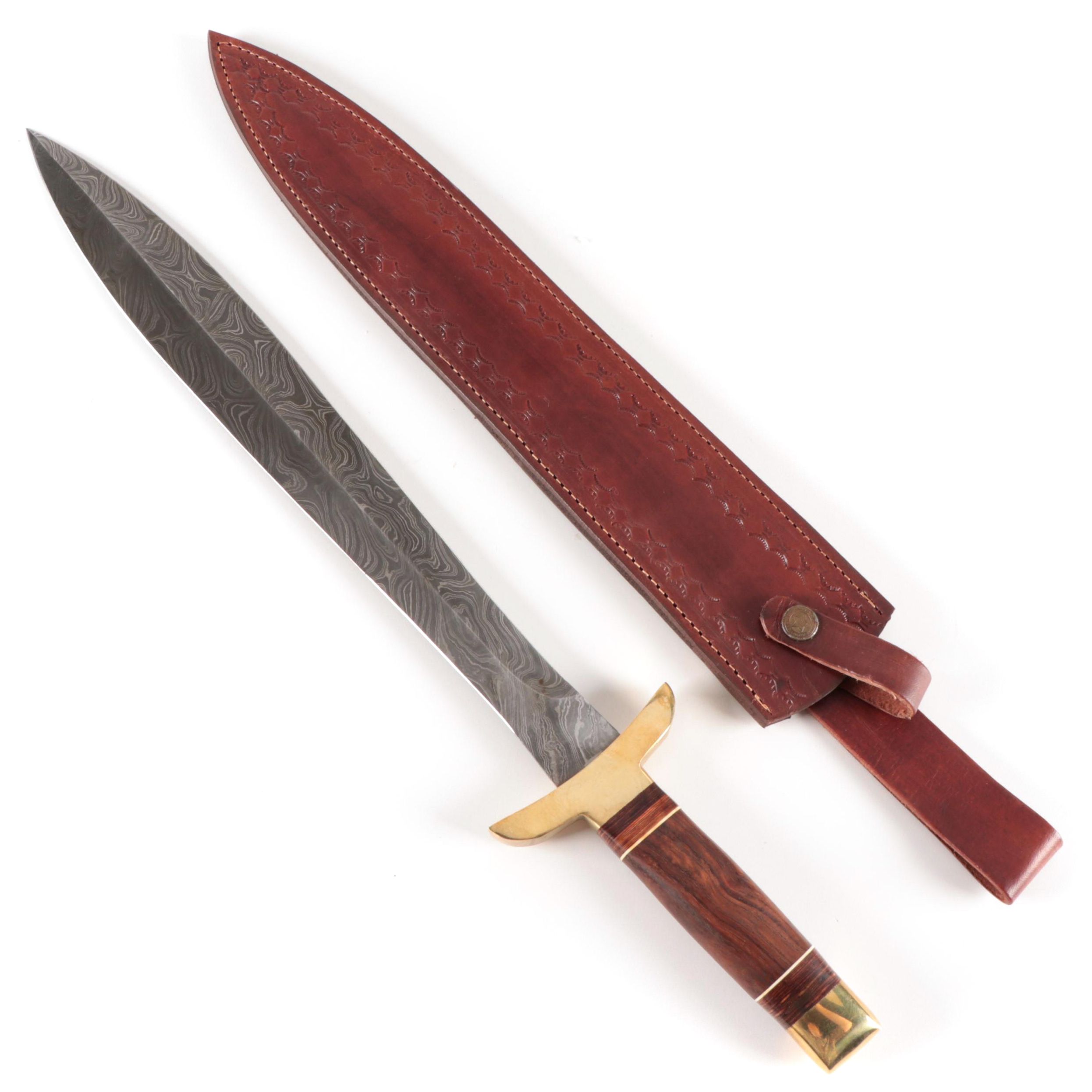 Damascus Steel Short Sword in Leather Sheath