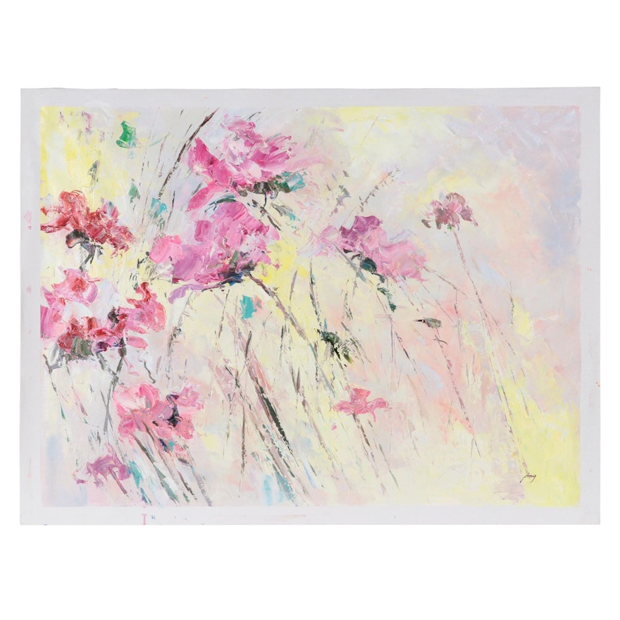 Ping Abstract Oil Painting of Flowers, Late 20th Century