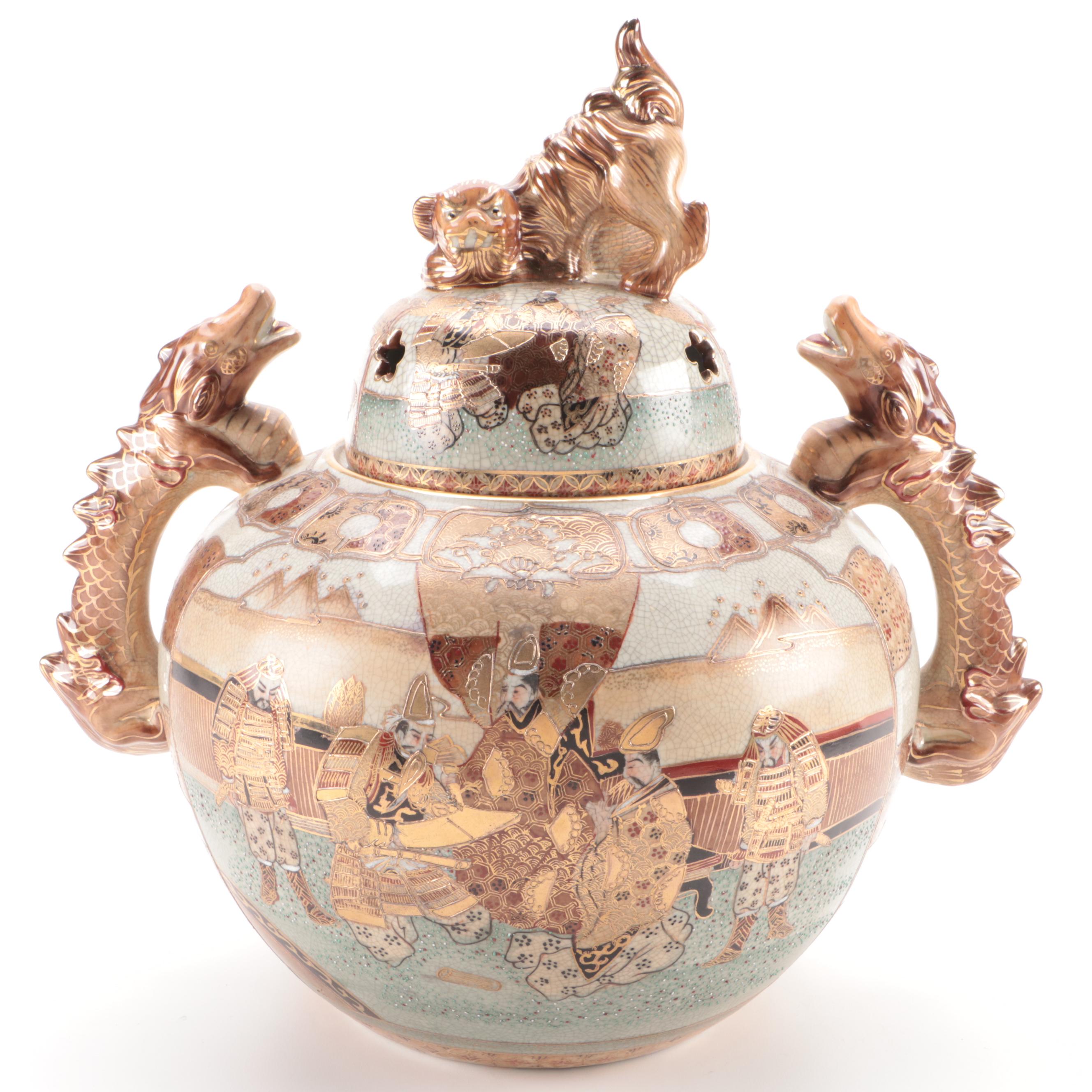 Japanese Satsuma Porcelain Censer with Dragon Handles