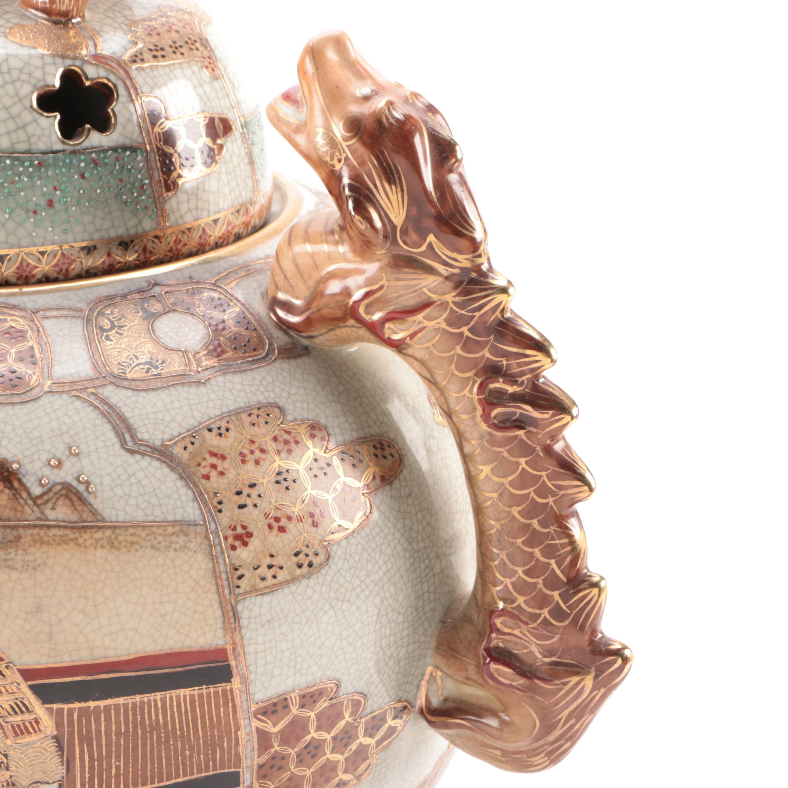 Japanese Satsuma Porcelain Censer with Dragon Handles