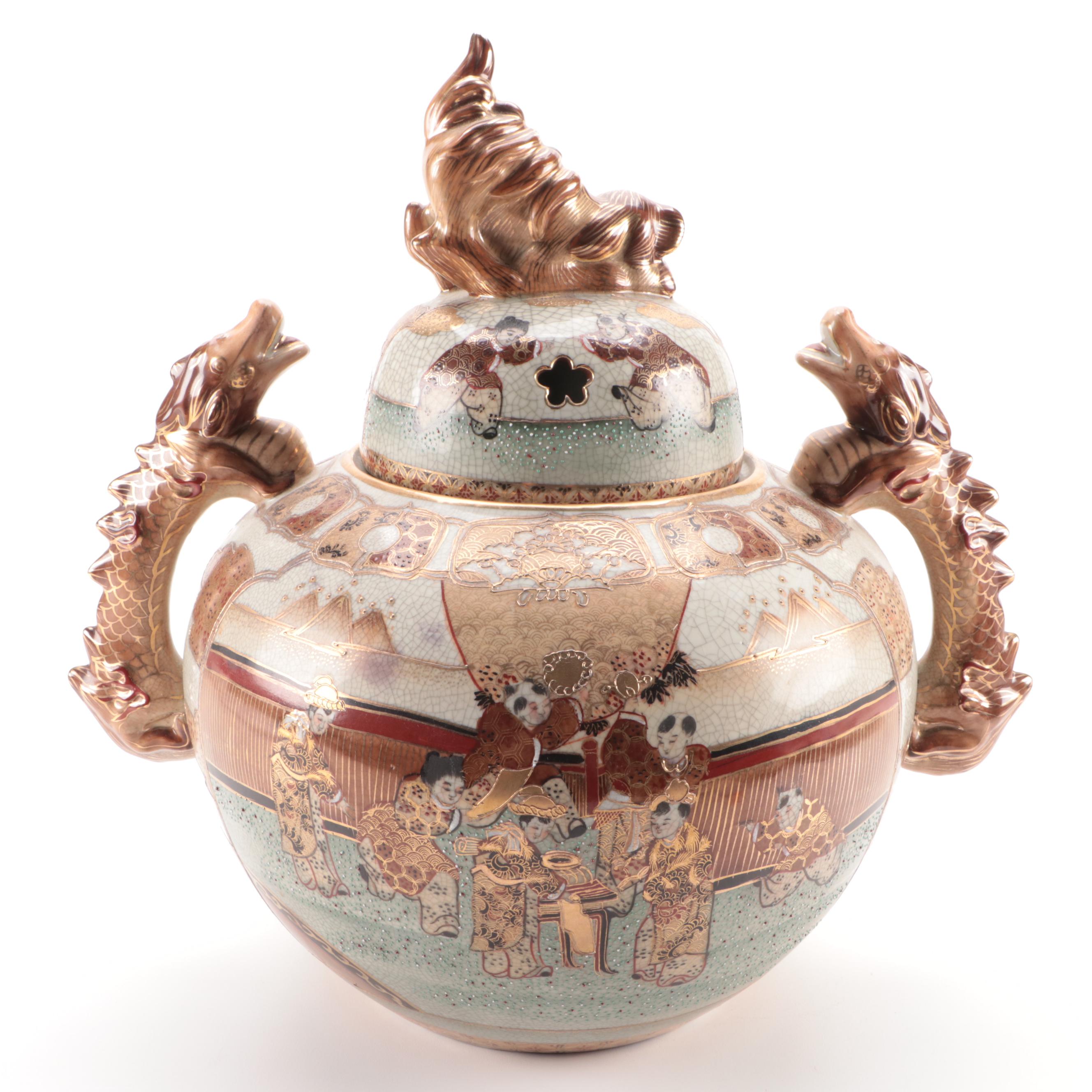 Japanese Satsuma Porcelain Censer with Dragon Handles