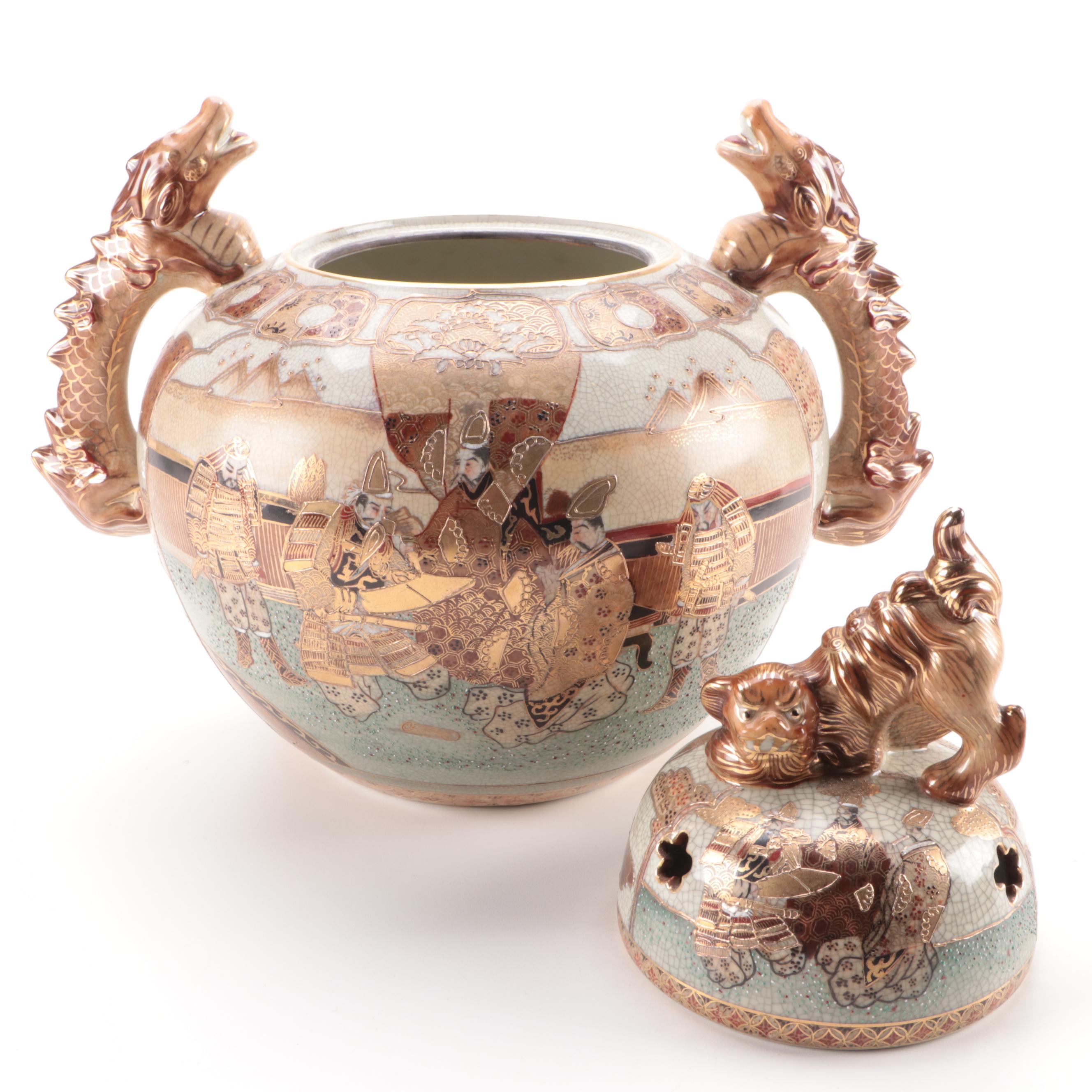 Japanese Satsuma Porcelain Censer with Dragon Handles