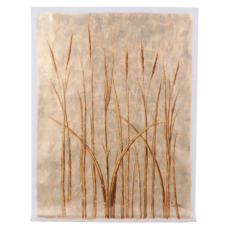 Dekai Oil Painting of Pond Reeds, Late 20th Century