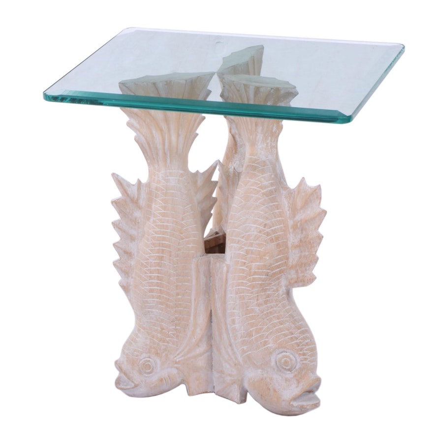 Tripartite Carved Fish Side Table with Beveled Glass