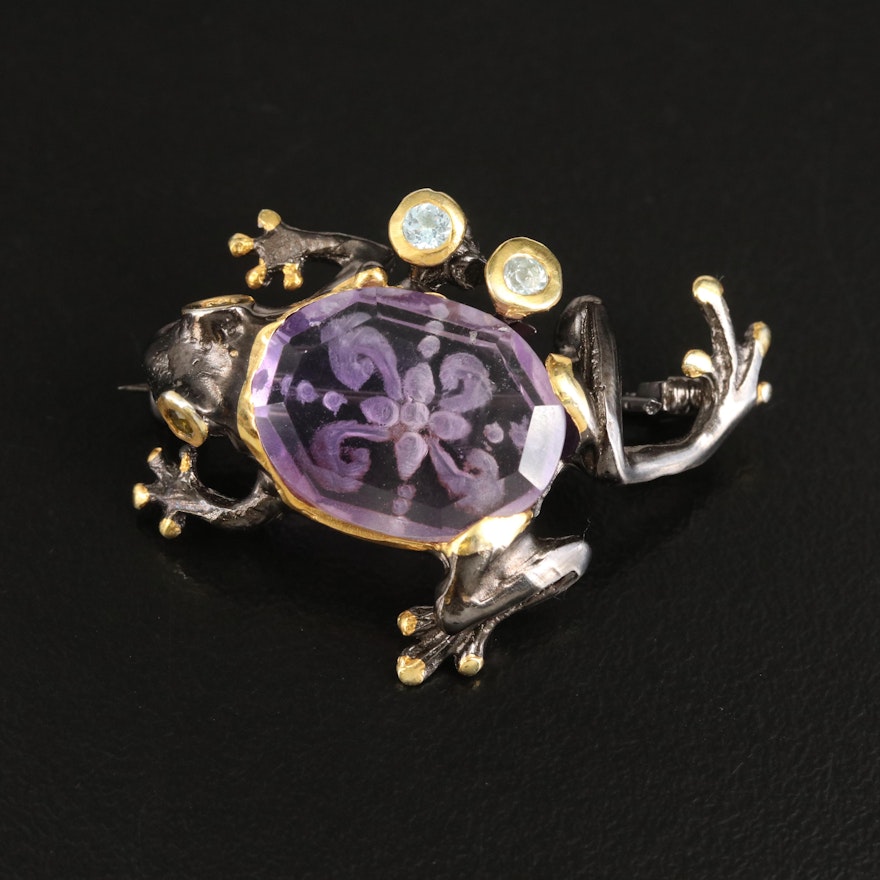 Sterling Intaglio Frog Brooch with Amethyst and Topaz