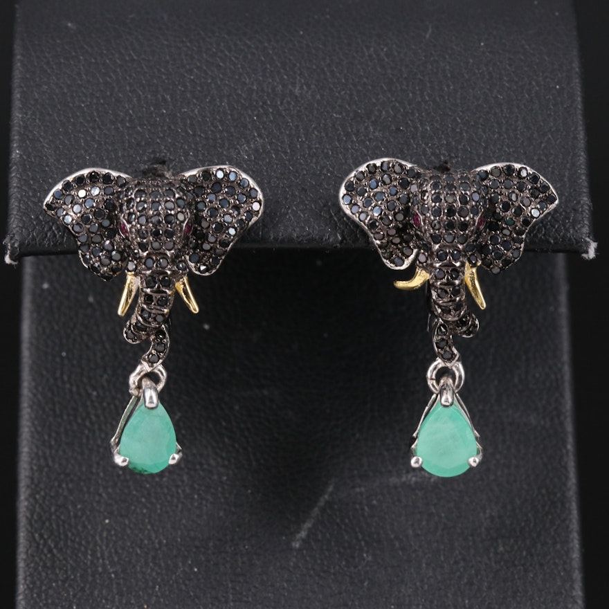 Sterling Elephant Drop Earrings with Emerald and Ruby