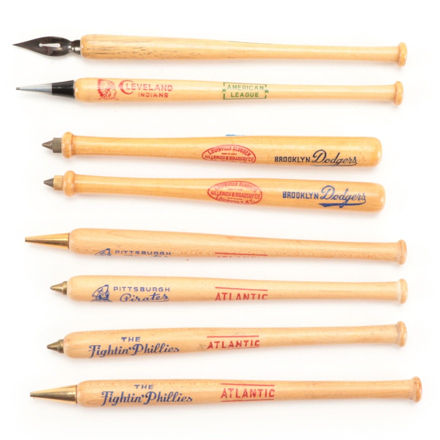 Phillies, Pirates, Indians, Dodgers Baseball Mini Bat Pen Pencil Sets, 1940–50s