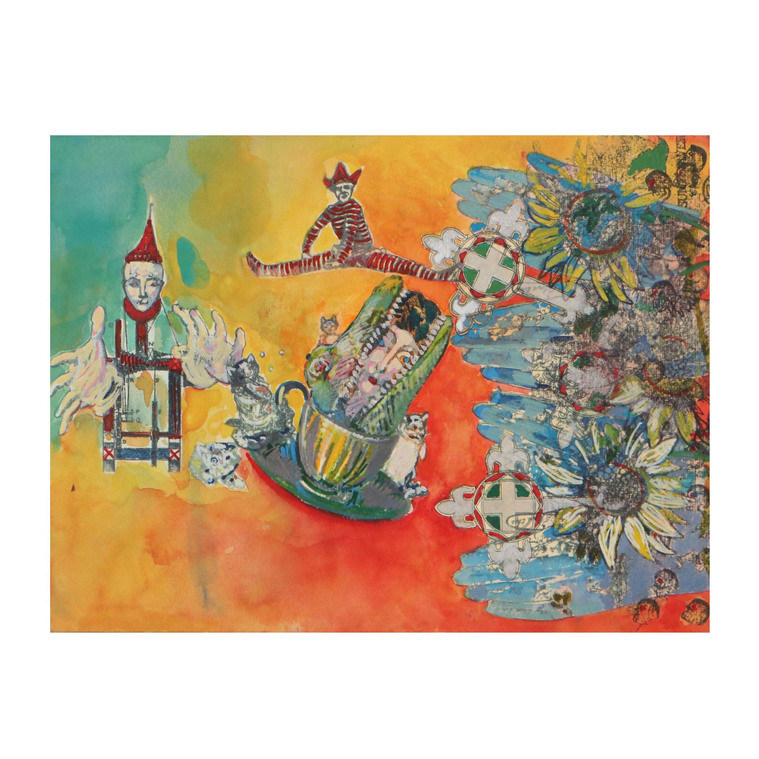 Sarah Roush Abstract Mixed Media Painting, Circa 2005