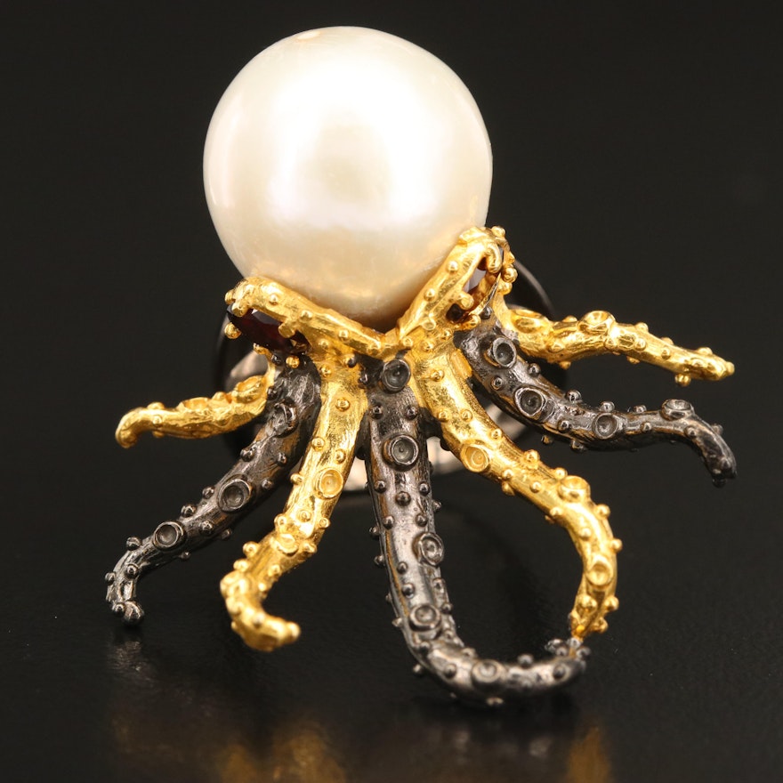 Sterling Pearl and Garnet Octopus Ring