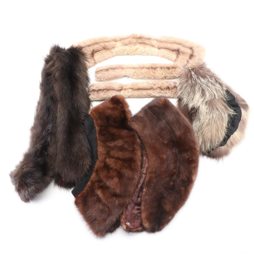 Mink, Raccoon, and Muskrat Fur Collars/Trim Pieces with Brown Fox Fur Scarf