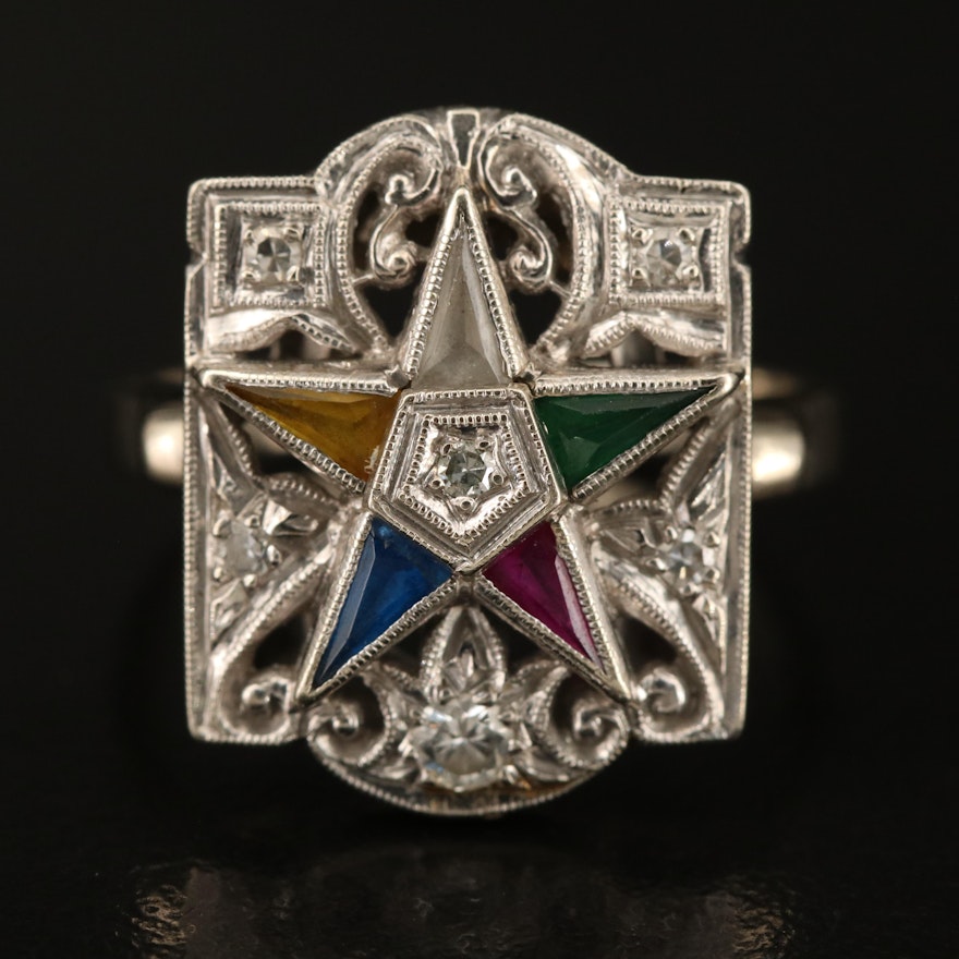 14K Sapphire, Diamond and Gemstone Order of the Eastern Star Ring