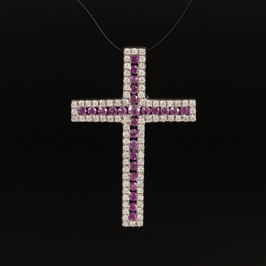 18K 0.48 CTW Diamond and Pink Sapphire Cross Pendant