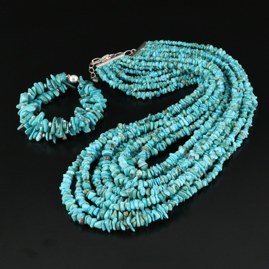 Multistrand and Double Strand Sterling Turquoise Bracelet and Necklace