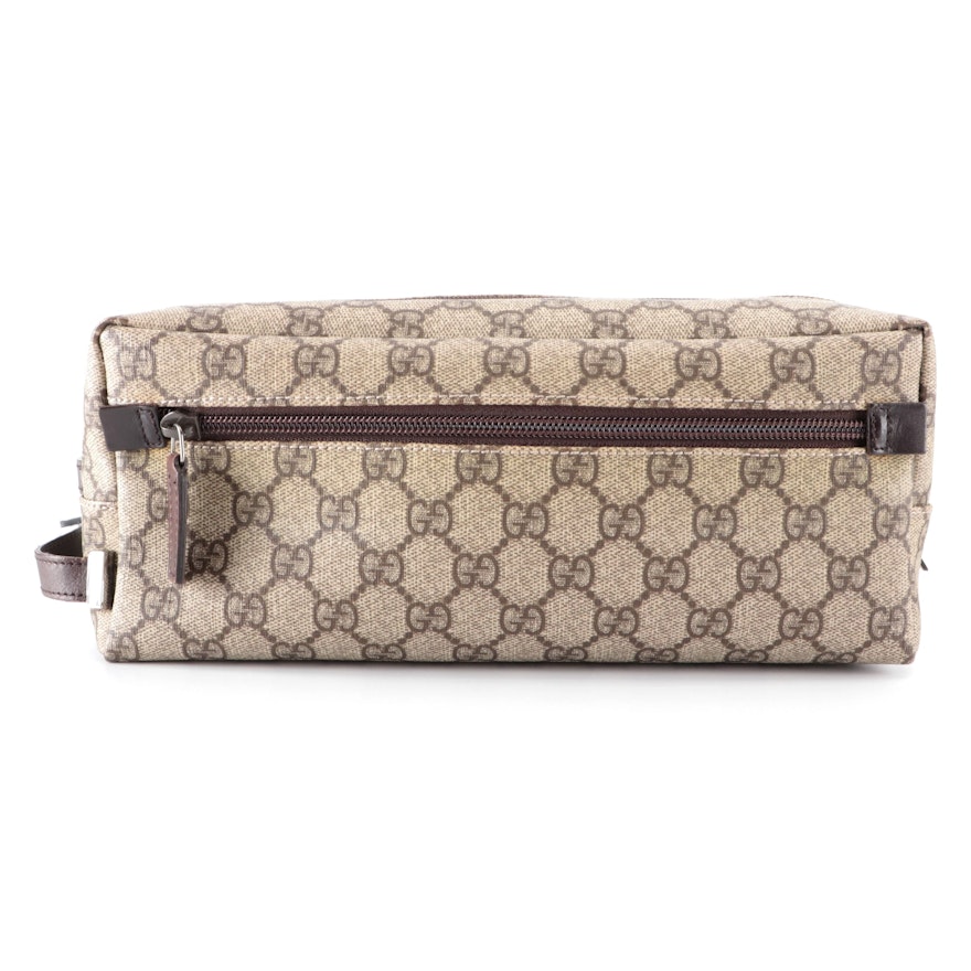Gucci Dopp Kit Bag in GG Coated Canvas and Brown Leather Trim