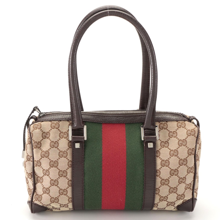 Gucci Web Boston Bag in GG Canvas and Dark Brown Leather