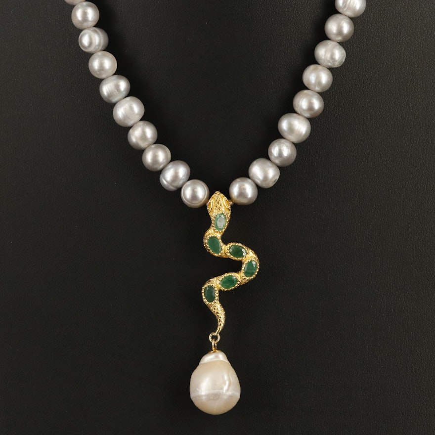 Sterling Pearl and Emerald Snake Necklace