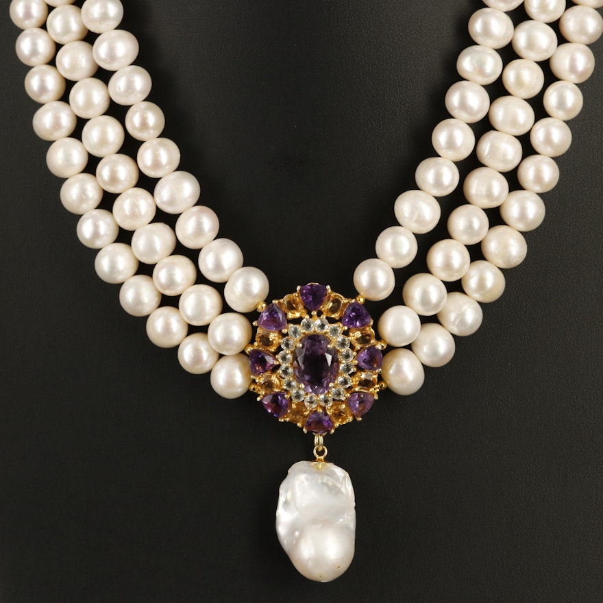 Sterling Pearl, Amethyst and White Topaz Festoon Necklace