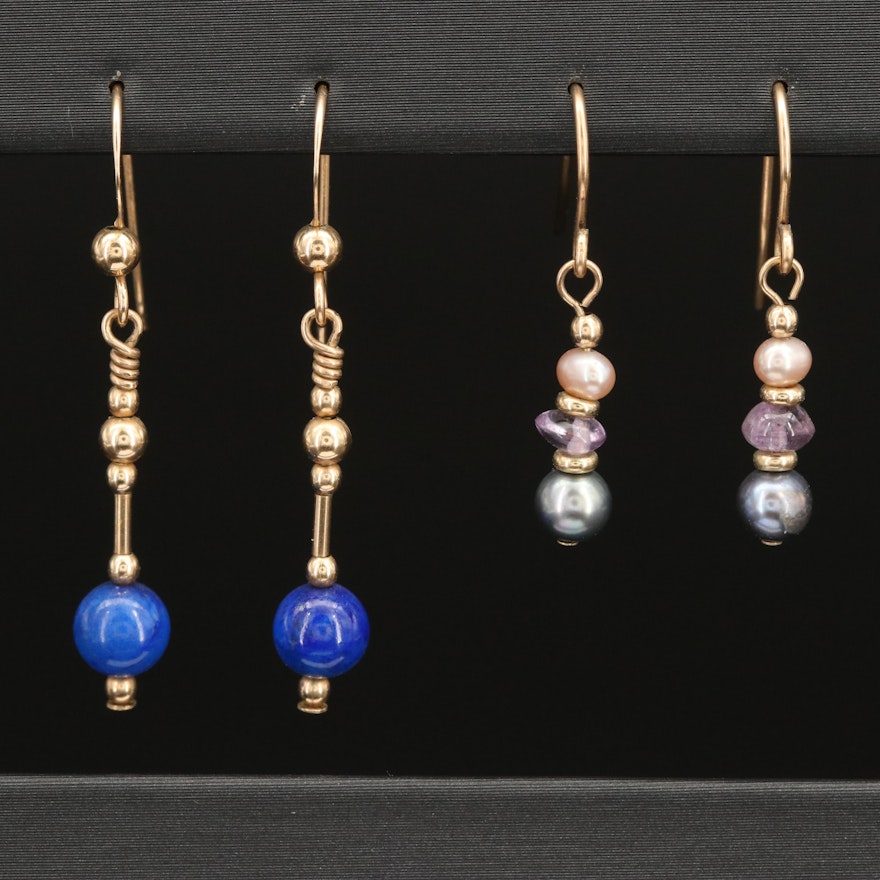 Pearl, Amethyst and Lapis Lazuli Drop Earrings