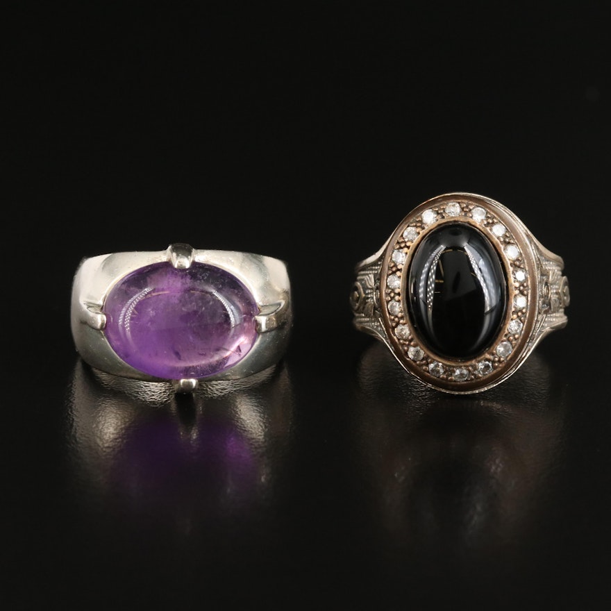 Sterling Amethyst and Black Onyx Rings with Cubic Zirconia Accents