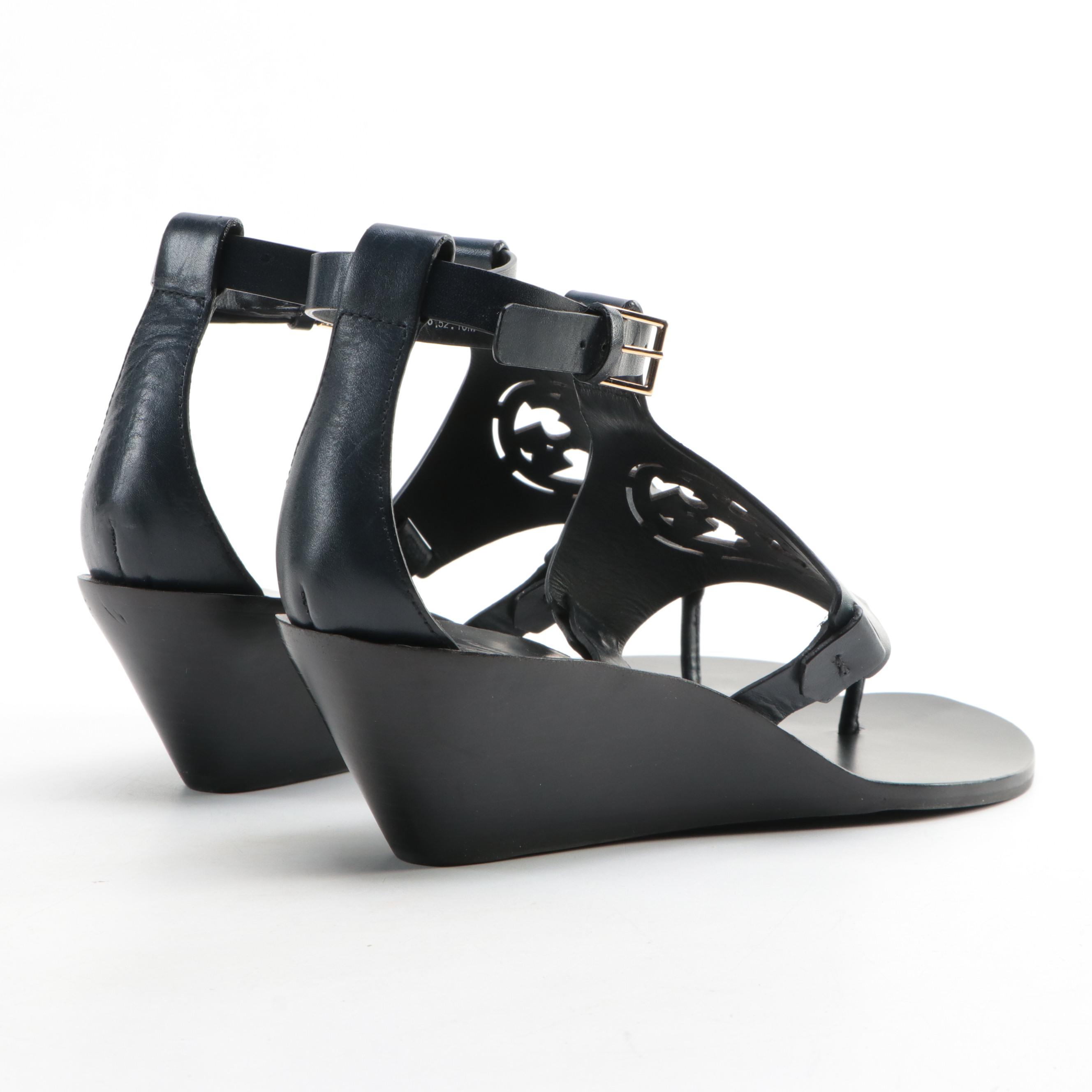 Tory Burch Zoey Wedge Sandals in Black Leather