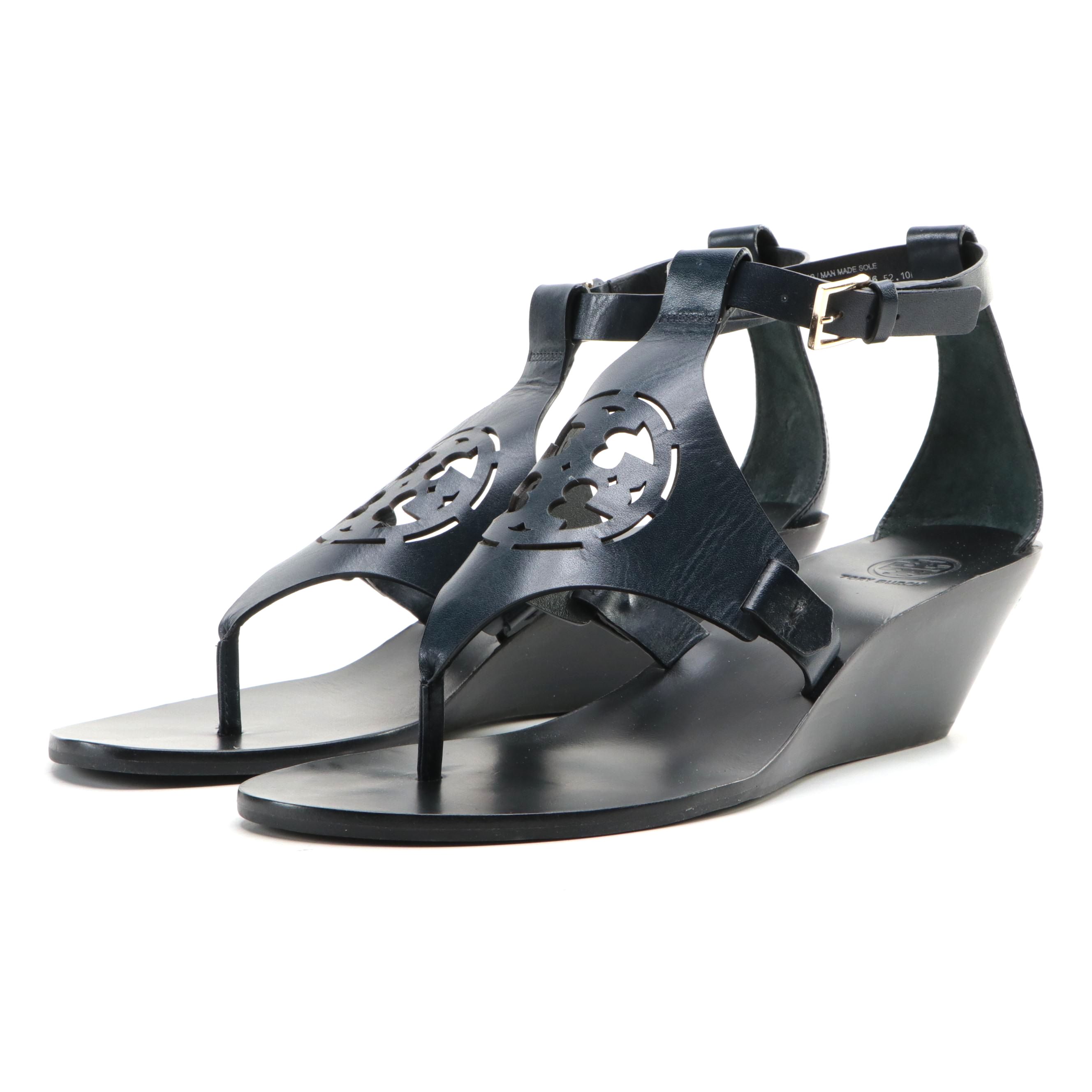 Tory Burch Zoey Wedge Sandals in Black Leather