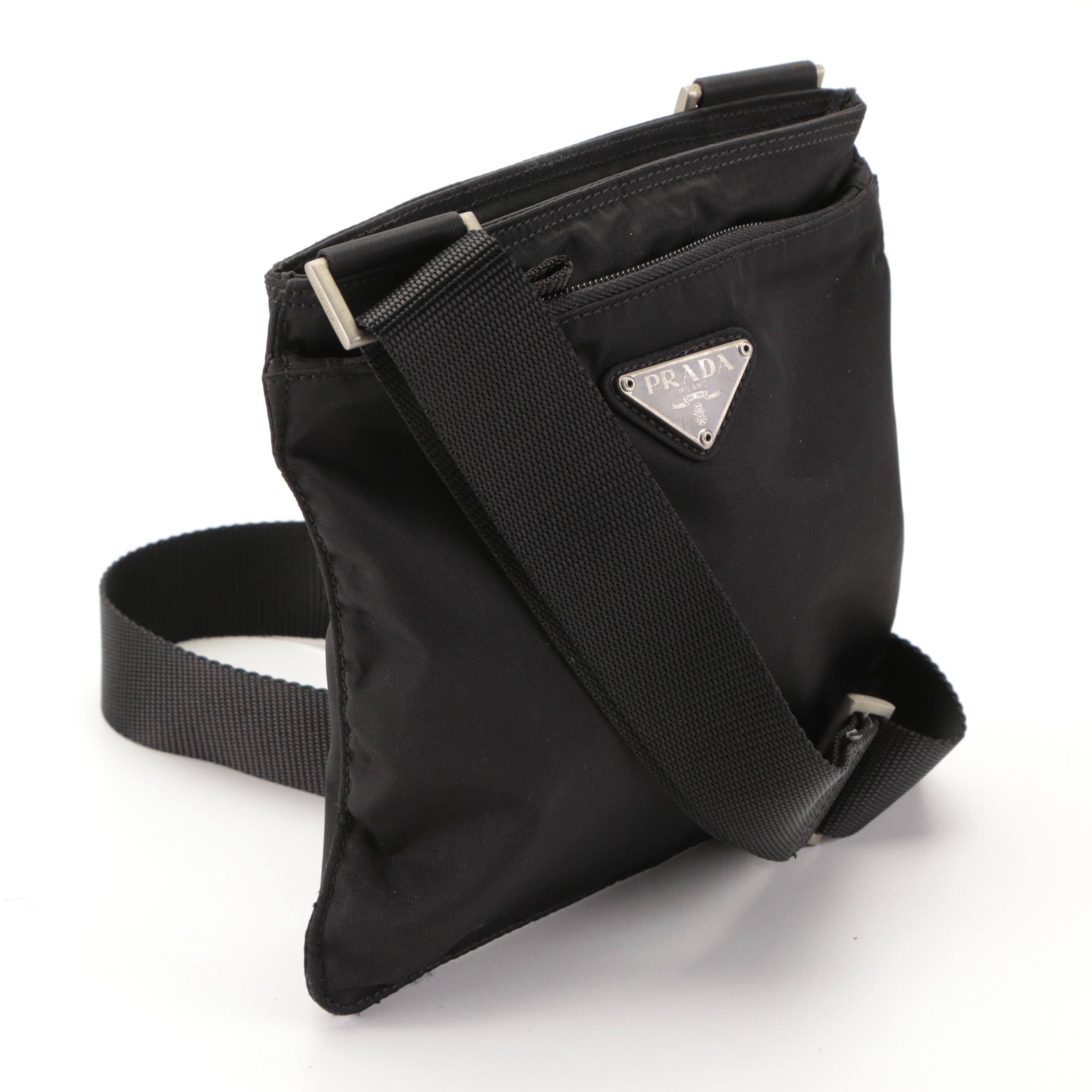 Prada Small Flat Vela Crossbody Bag in Black Tessuto Nylon and Leather