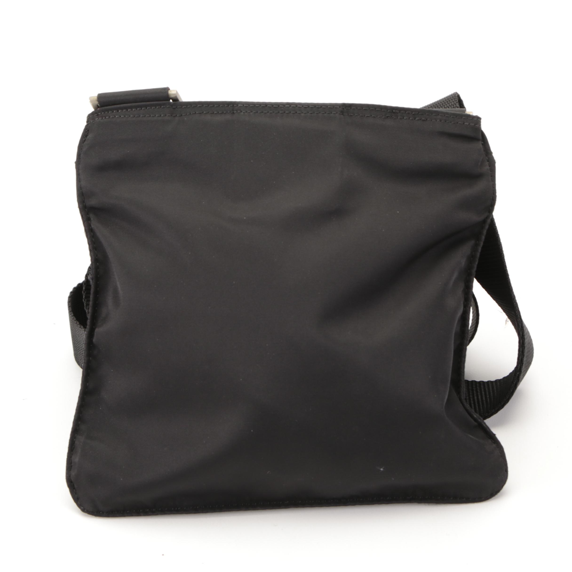 Prada Small Flat Vela Crossbody Bag in Black Tessuto Nylon and Leather