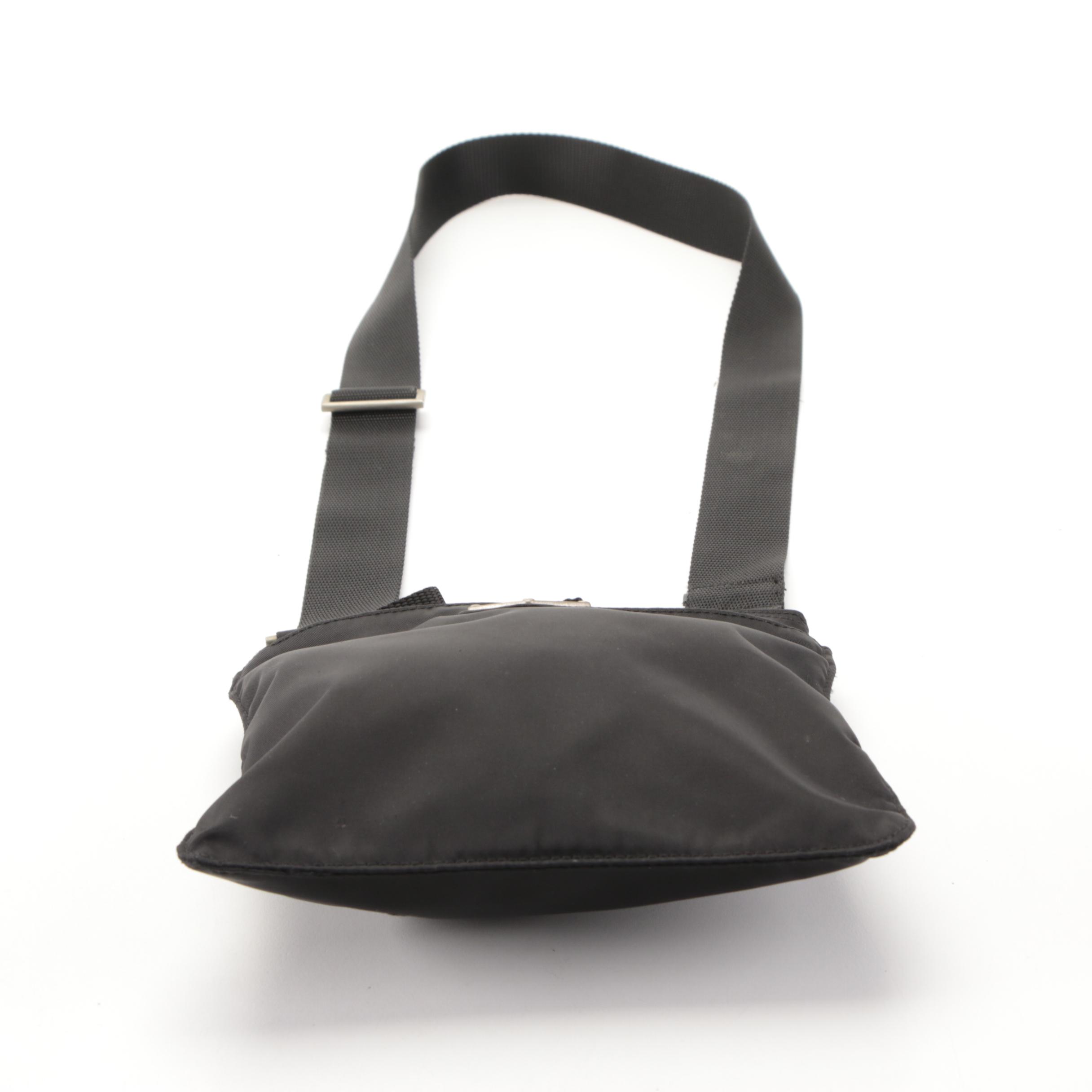 Prada Small Flat Vela Crossbody Bag in Black Tessuto Nylon and Leather