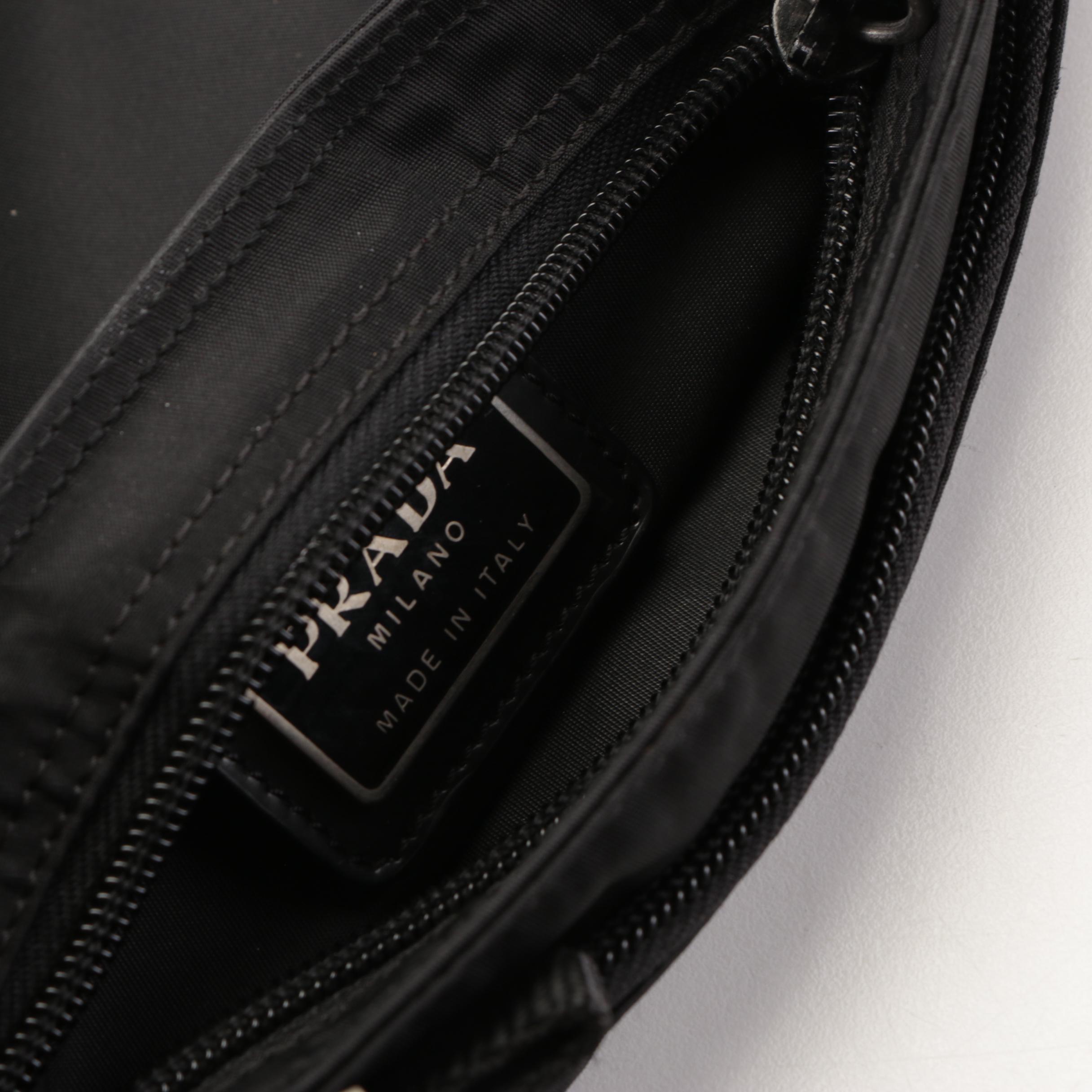 Prada Small Flat Vela Crossbody Bag in Black Tessuto Nylon and Leather
