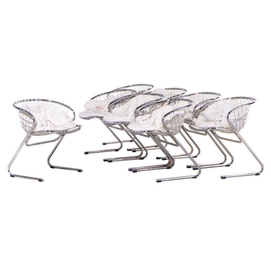 Eight Chrome and Wire Armchairs with Cushions
