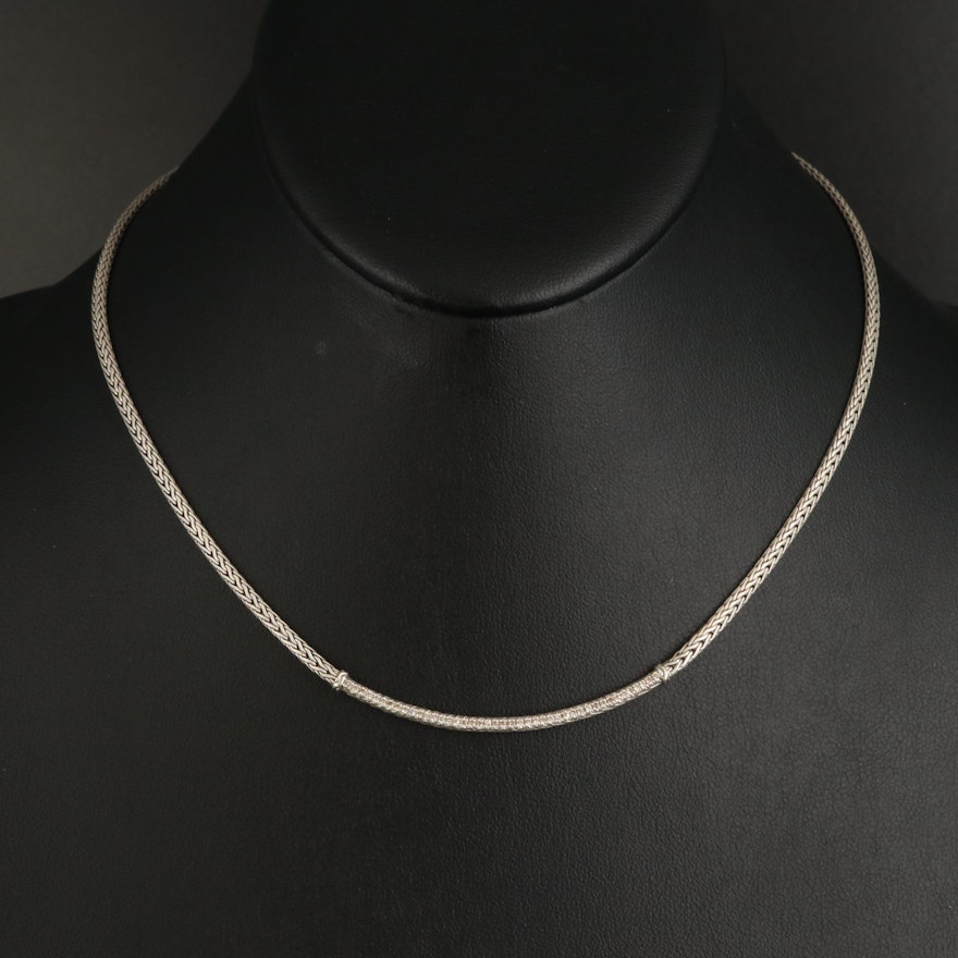 John Hardy Sterling Diamond Curved Bar Necklace