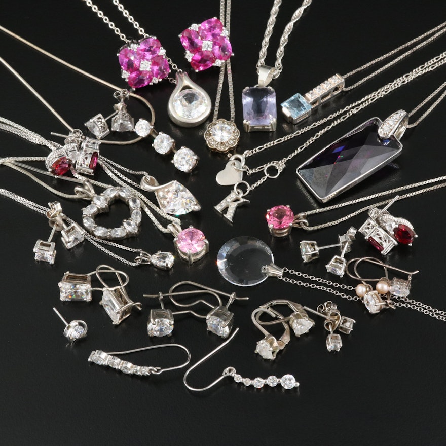 Sterling Grouping Including Ruby, Glass and Cubic Zirconia