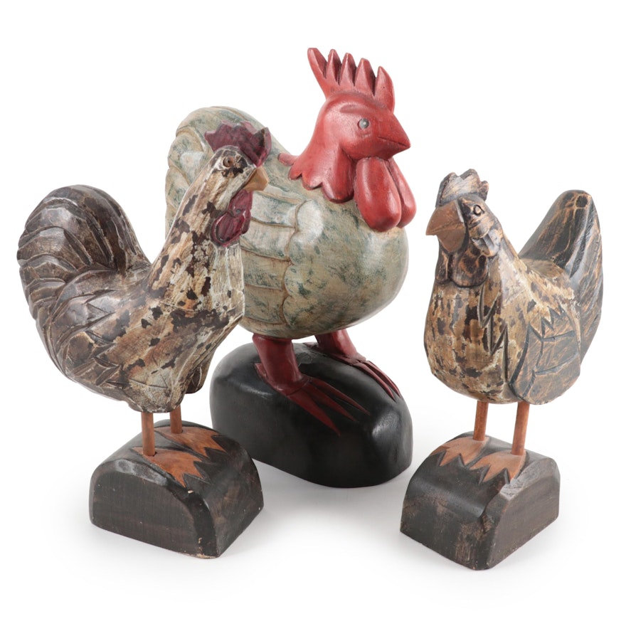 Carved Wood Chicken Figurines