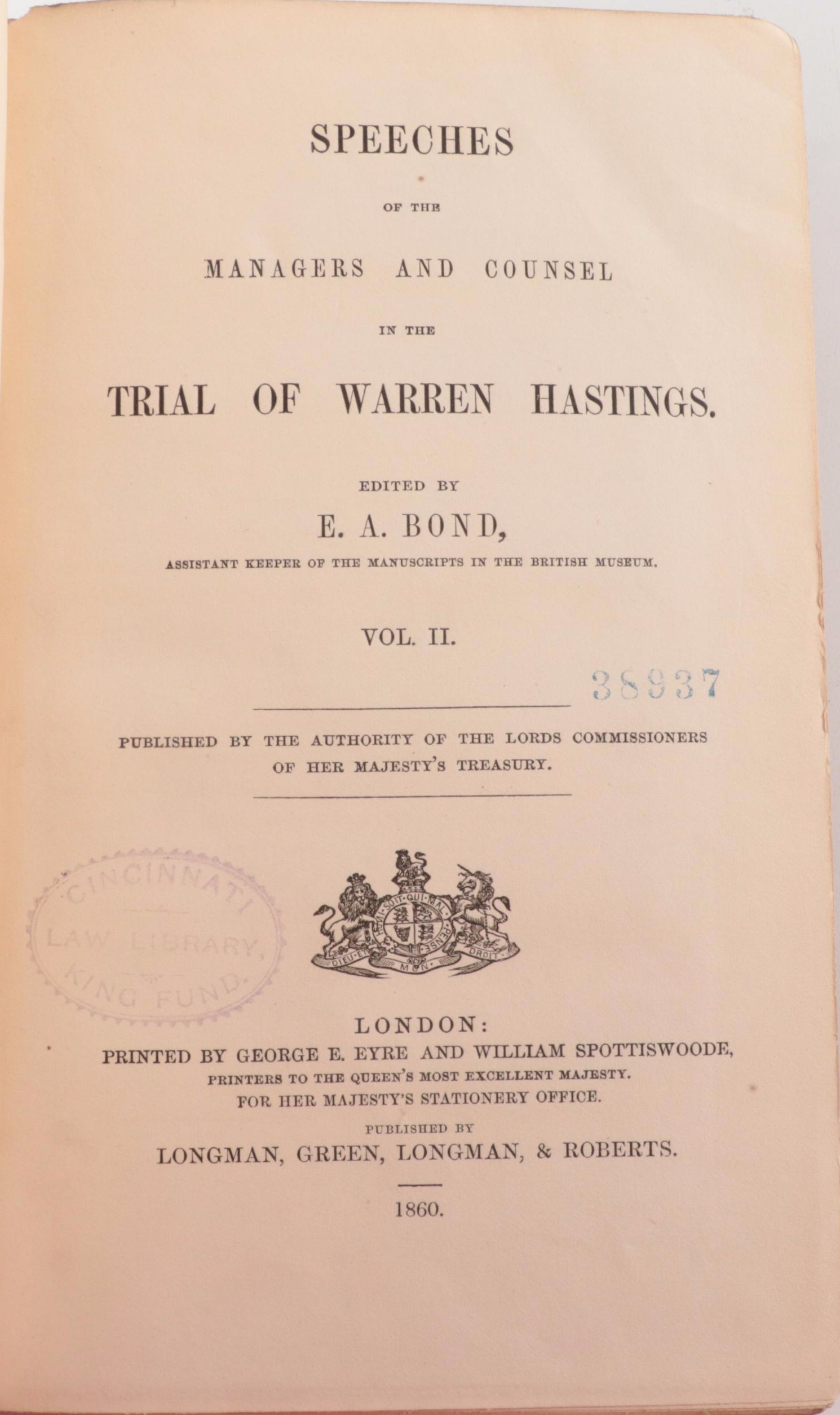 "Speeches in the Trial of Warren Hastings" Four-Volume Set Edited by E. A. Bond