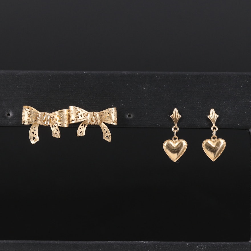 14K Bow and Heart Earrings