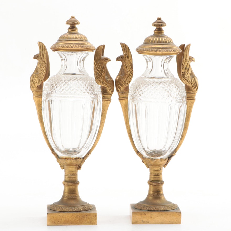 Neoclassical Style Cut Crystal and Brass Lidded Vessels, Early to Mid-20th C.