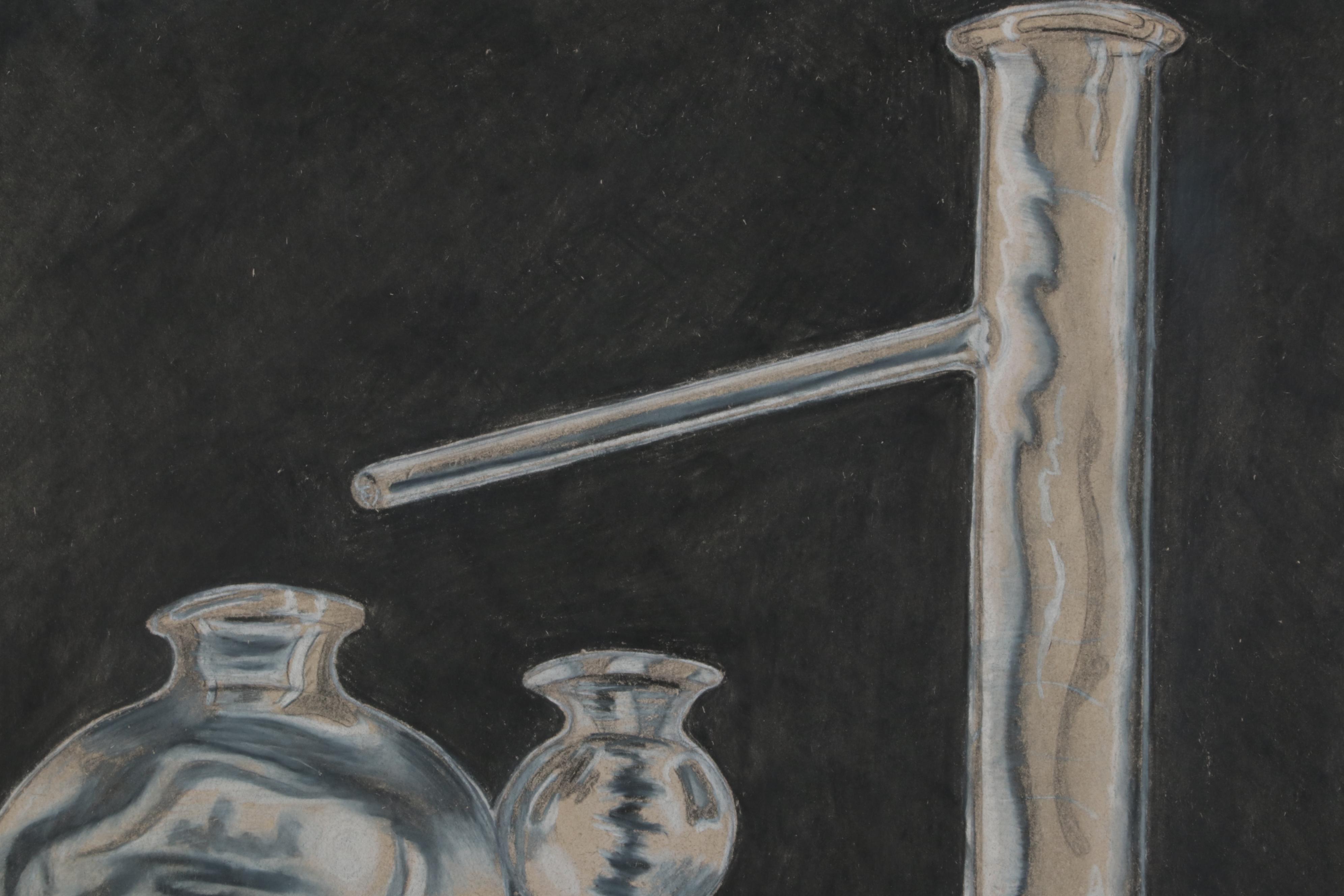 Nathan Christman Charcoal and Conté Drawing of Chemistry Glassware