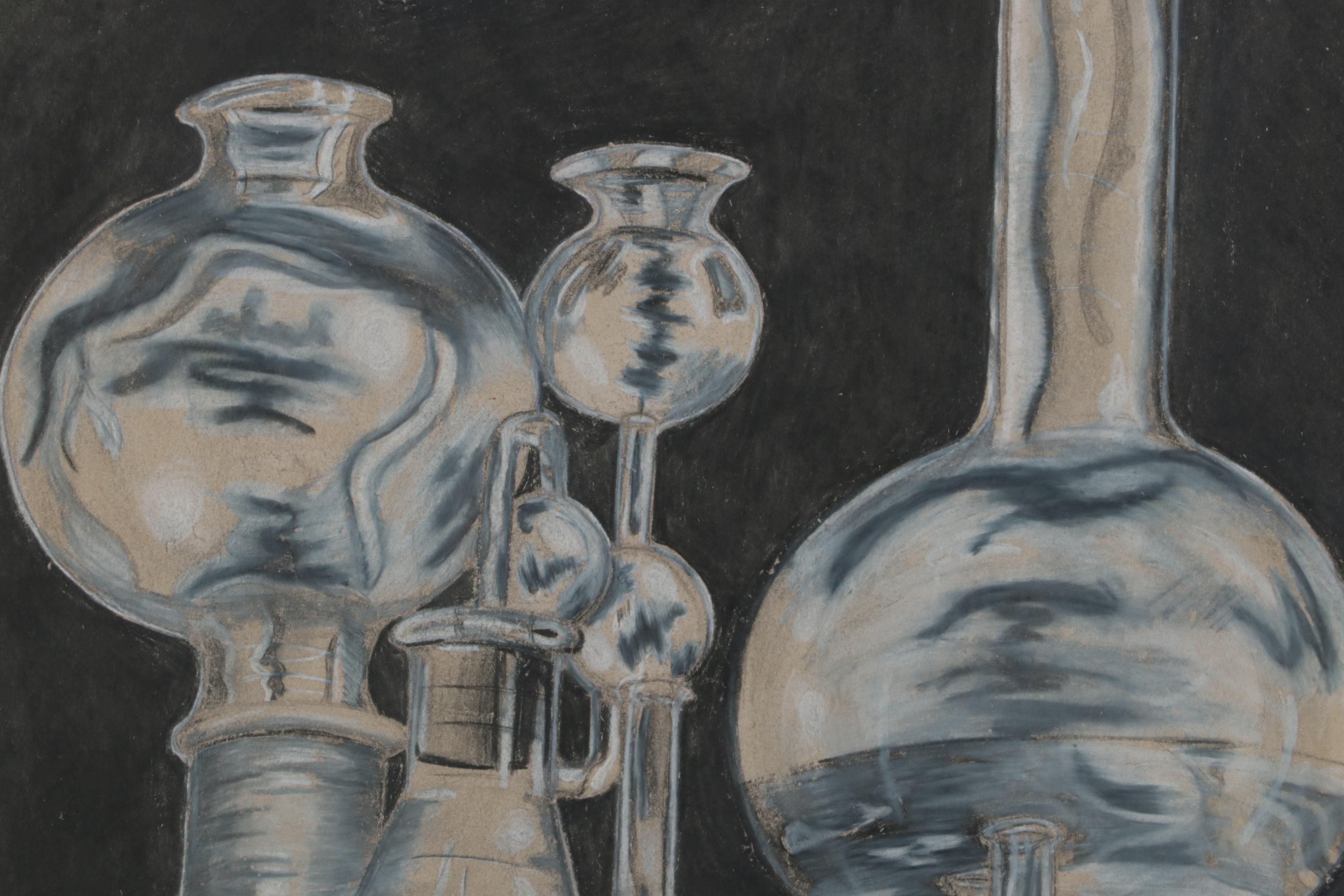 Nathan Christman Charcoal and Conté Drawing of Chemistry Glassware