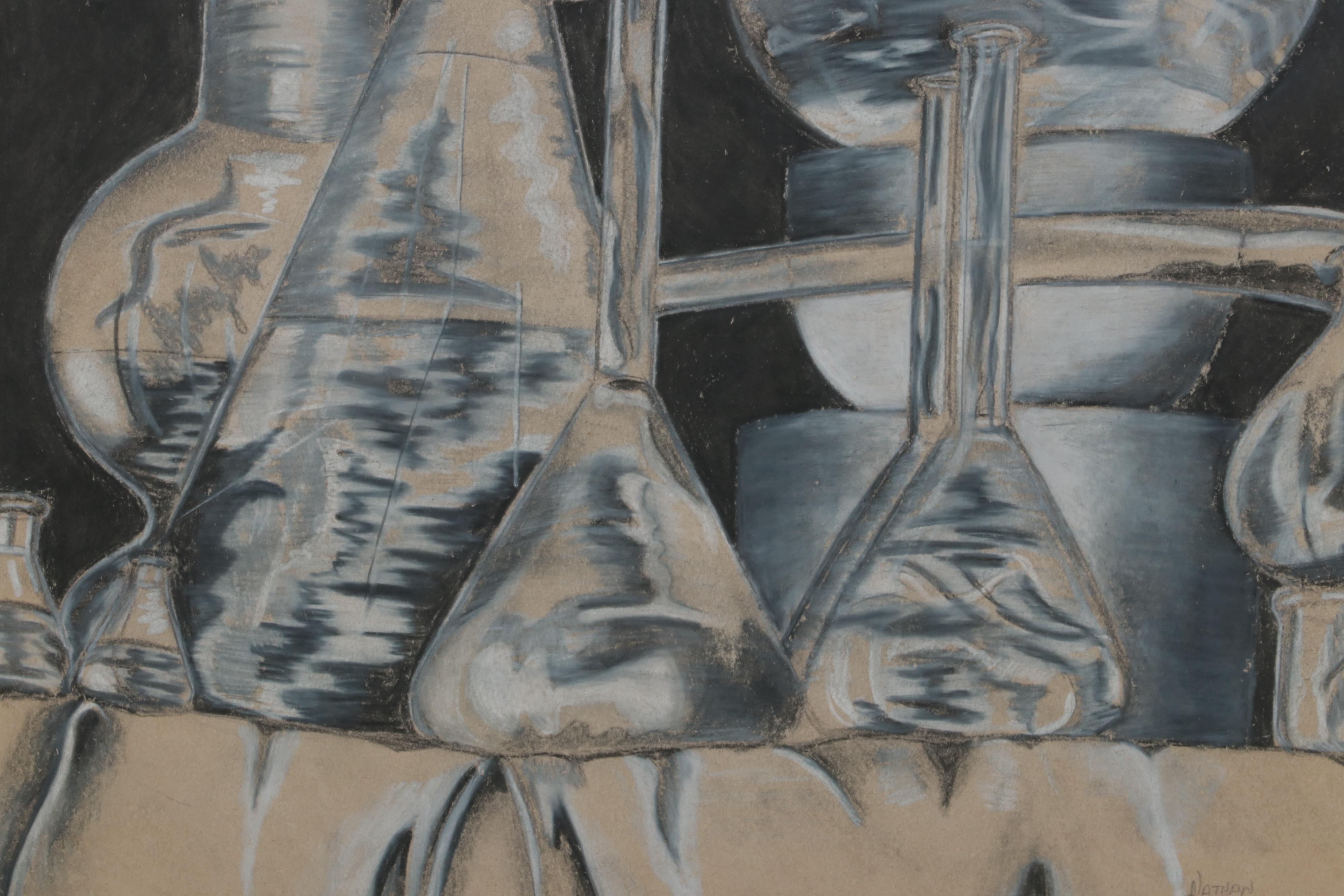 Nathan Christman Charcoal and Conté Drawing of Chemistry Glassware