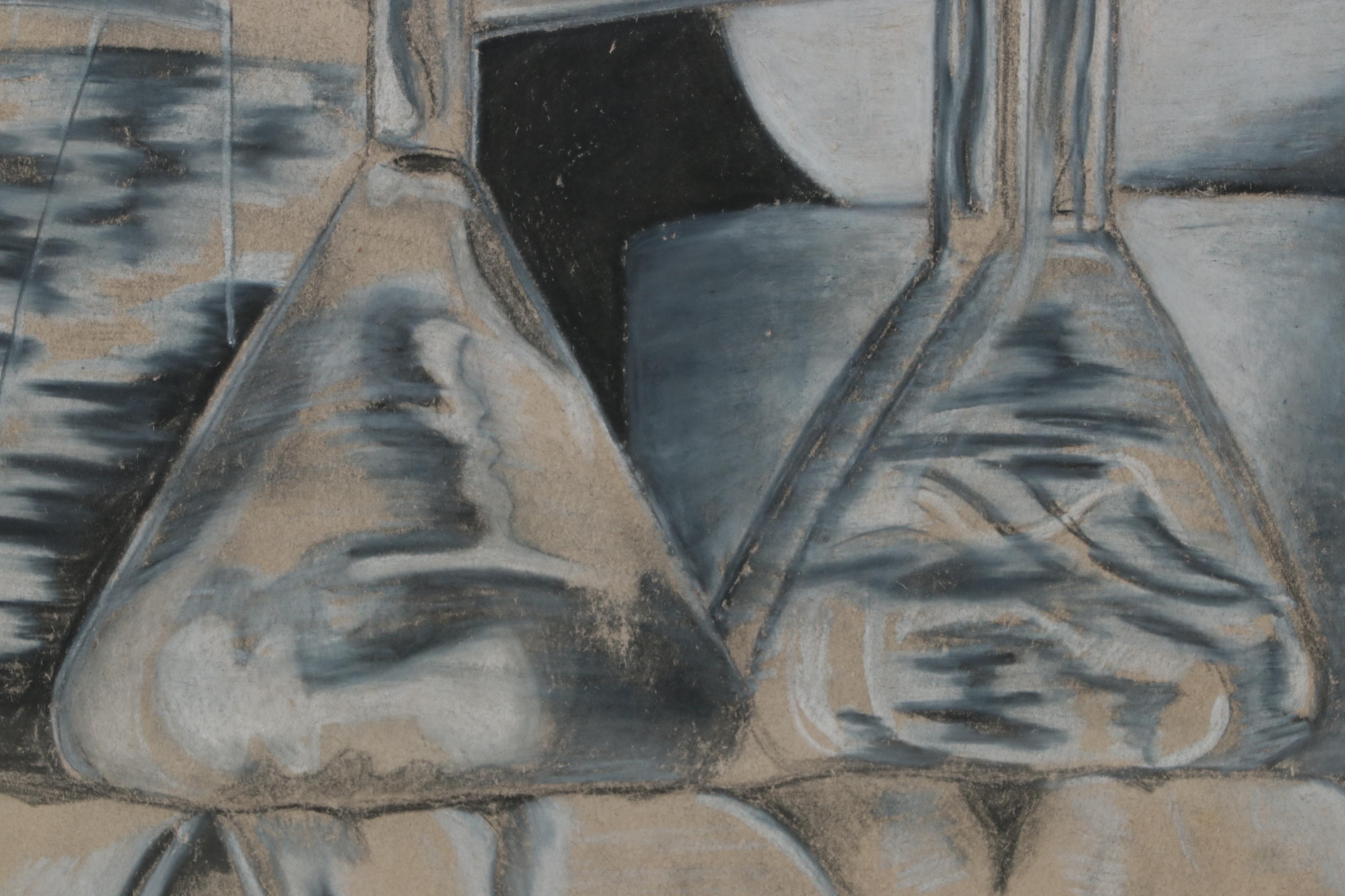 Nathan Christman Charcoal and Conté Drawing of Chemistry Glassware