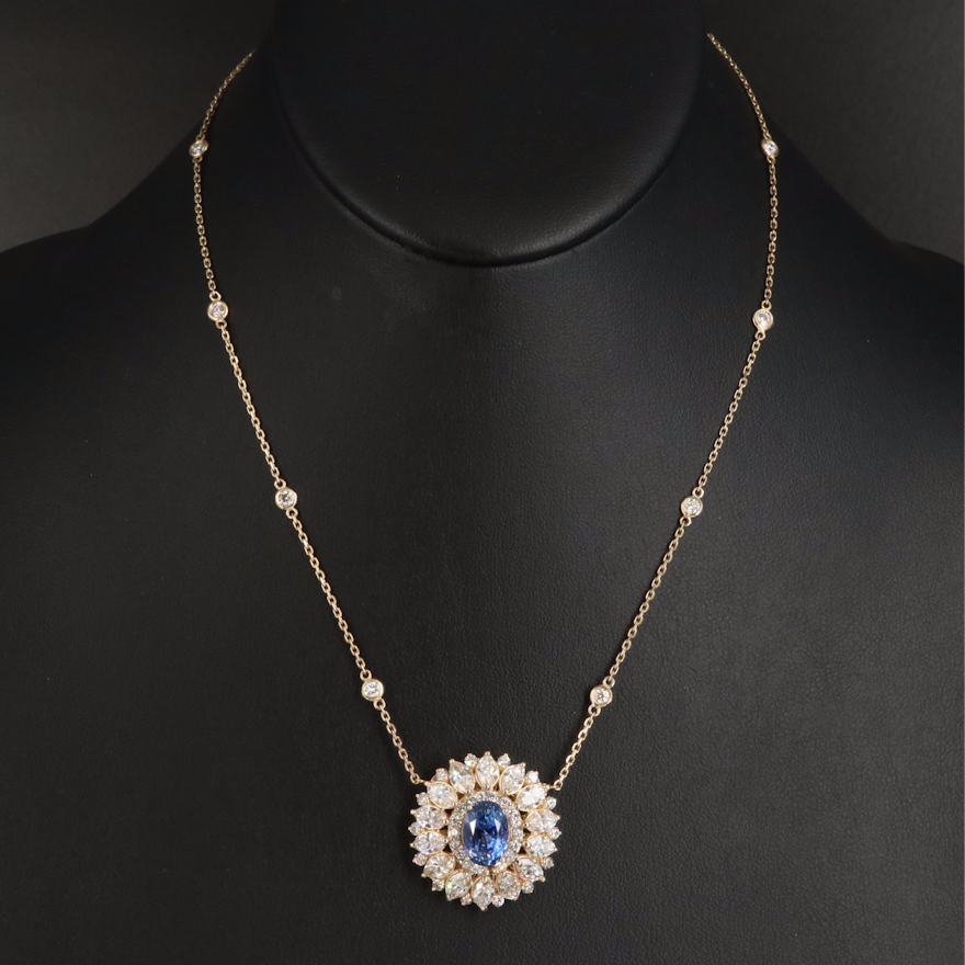 14K 5.29 CT Sri Lankan Sapphire and 6.17 CTW Diamond Necklace with Online Report