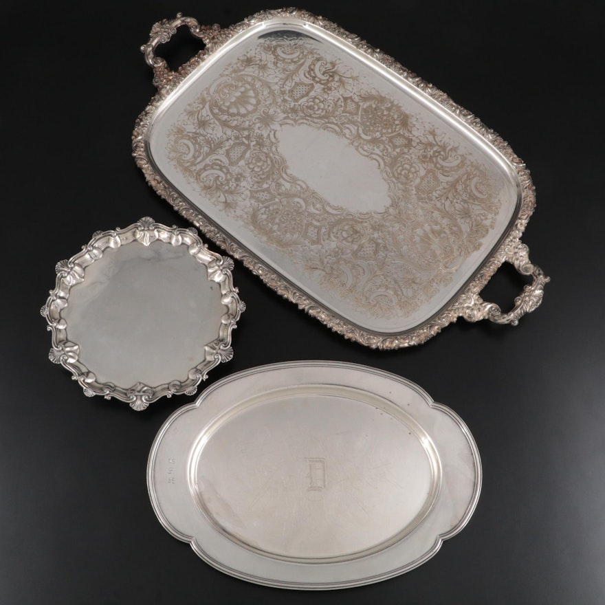 Charles Stuart Harris and Towle Sterling Serving Trays with Silver Plate Tray